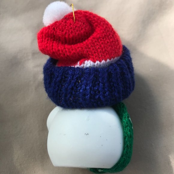 Snow Bells Vintage Ornament Snowman bell with candy cane, knit scarf, and hat - Picture 3 of 7